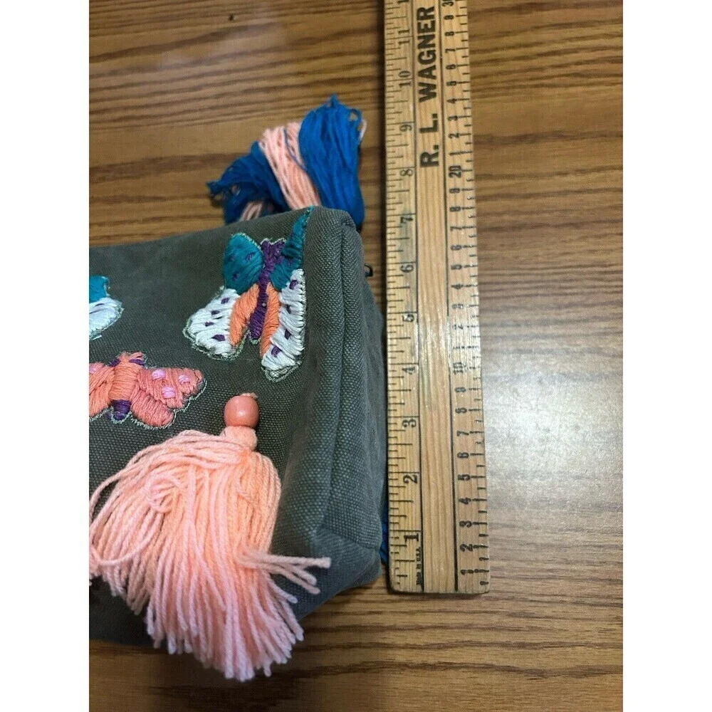 NEW Anthropologie Raj Cotton Canvas Embroidered Butterfly Tassels Green Zip